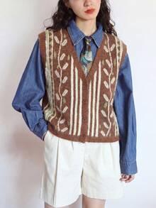 Cardigan Sweater Rajut Leher V Motif Vintage Kasual Wanita, Musim Gugur/Dingin - Coklat - View 6