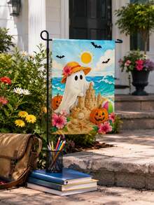 1pc Halloween Beach Ghost Print Garden Flag, Coastal Style Linen Yard Banner, Double-Sided, Fade-Resistant Weather-Resistant, Cute Ghost Sandcastle Pumpkin Bat Hibiscus Decorative Flag, Suitable For Outdoor Lawn Patio Porch Farmhouse Halloween Party Holiday - Multicolor - View 6