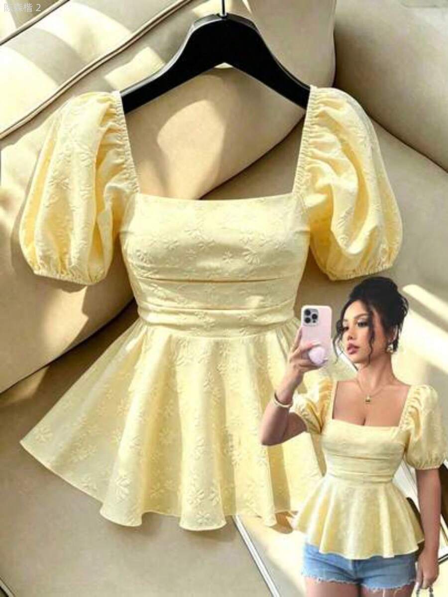 xuehuamaoyi02 Nueva blusa elegante casual con cuello cuadrado, mangas abullonadas, cintura ceñida y bajo con volantes con estampado floral di - Amarillo - Ver 1