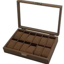 1pc Wood Grain Leather Watch Storage Box With Glass Top, Watch Collection Box, Bracelet Watch Display Box - Coffee Brown - View 8