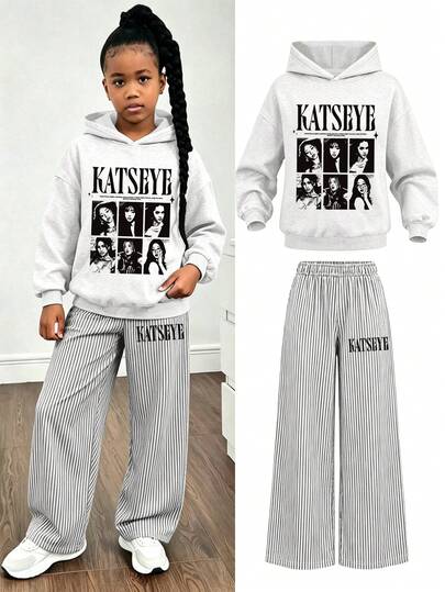 2pcs Vintage Streetwear Girl Set, KATSEYE Portrait Print Hoodie And Striped Wide Leg Pants, Soft Casual Street Style