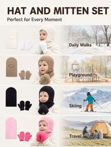 3pcs Kids Winter Hat & Gloves Set, Warm Knitted Hooded Hat, Knitted Gloves, Solid Color, Toddler Gloves For Girls & Boys, Elastic Knitted Gloves, Suitable For Kids & Toddlers Winter Warmth - 3pcs - View 4