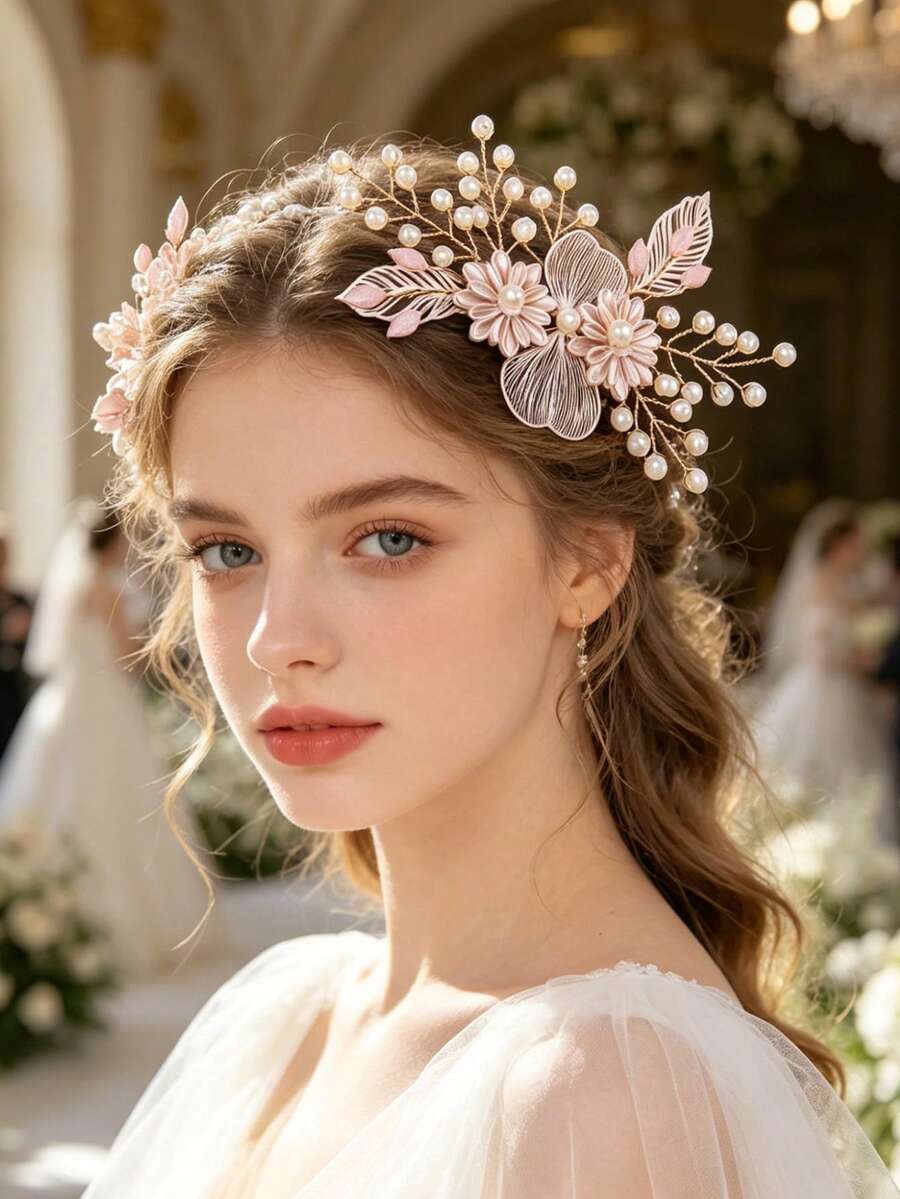 1件女孩新娘伴娘水晶皇冠頭飾,伴娘婚紗花環髮梳髮飾,簡約髮飾 - 淺粉色 - 查看 1
