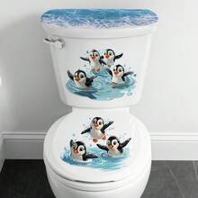 1pc 30*60cm Ocean Style Penguin Playing In Water Toilet Sticker, Waterproof Removable Bathroom Decor Sticker - Multicolor - View 3