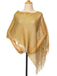 1pc Bohemian Metallic Knit Fringe Shawl, Shiny Lightweight Mesh Fringe Party Evening Cape - Gold - View 2