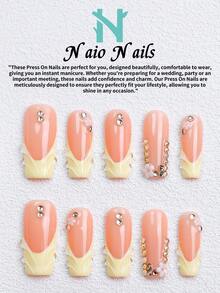 NAIO 10片/組手工穿戴式假指甲，3種尺寸：棺材形/杏仁形/短方型，Y2K法式風格，桃色與黃色漸層指甲搭配3D花瓣設計，水鑽與花卉裝飾，適合女性與女孩，派對與日常穿戴，美甲用品 - 彩色 - 查看 15
