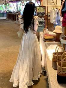 Dress, Wedding Dress, Long Dress, Wedding Guest Dress: Heavyweight Material, Extra-Wide Skirt, Strapped Waist-Defining Dress (Women's Resort Dress) - Apricot - View 6