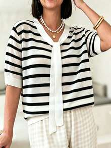 Blusa de punto de manga corta con cuello de contraste a rayas para tallas grandes - Blanco y Negro - Ver 5