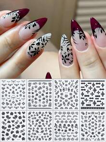 20pcs/Set Black Floral Nail Stickers, Mini Flower Lace Vine Nail Decals, Bohemian Line Art Style Nail Art Supplies For Daily & Bohemian Manicure DIY Holiday Nail Charms Decorations - Black - View 3