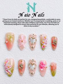 NAIO 10片/組手工穿戴甲，3種尺寸：棺材形/杏仁形/短方型，Y2K浪漫風，漸層花卉美甲，附3D玫瑰與愛心設計，水鑽與珍珠裝飾，適合女性女孩，日常使用與派對，女士美甲用品禮物 - 彩色 - 查看 19