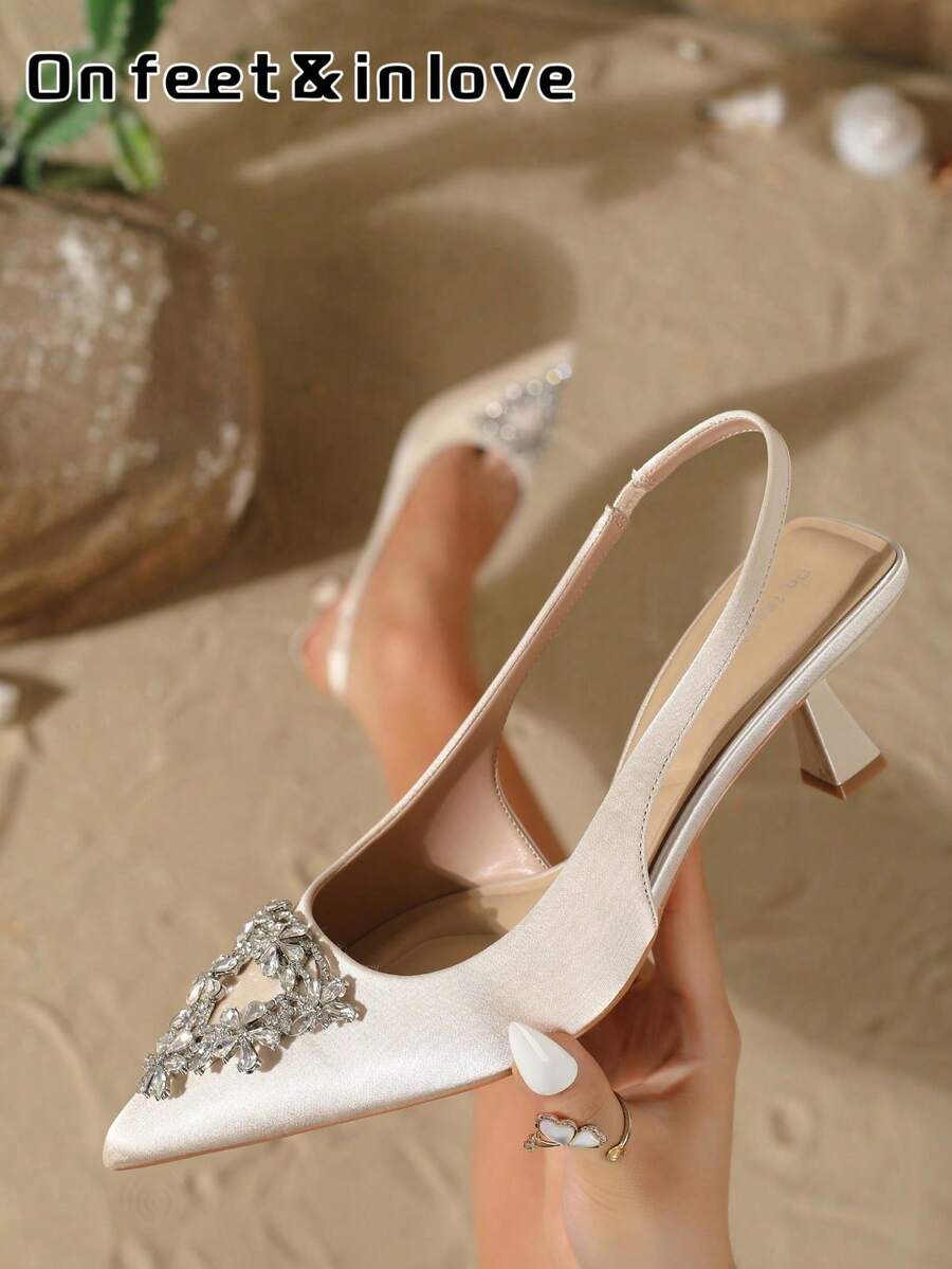 On feet& in love أحذية كعب عالي نسائية أنيقة برأس مدبب مزينة بالراين ستون مع حزام خلفي، أسلوب بسيط متعدد الاستخدامات، مناسبة لمطابقة فساتين الحفلات - لون مشمشي - مشاهدة 1