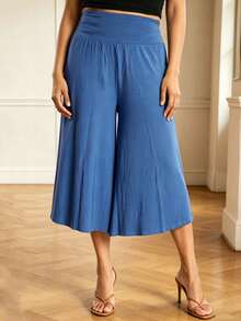 Womens High Rise Capri Pants Elastic Waist Solid Color Loose Fit Cropped Pants Trousers - Blue - View 3