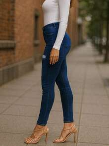 Pantalon De Mezclilla Dam, Jeans ajustados de cintura alta elásticos azules de moda para mujer, Pantalones vaqueros de mezclilla vintage rotos ajustados de corte slim,Suave y cómodo - 2045 - Ver 5