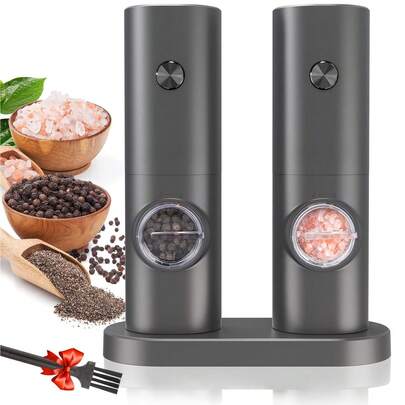 2Pcs Electric Salt And Pepper Grinder Set With Base And Cleaning Brush, Adjustable Grinding Coarseness, LED Lighting, Suitable For Kitchen/BBQ/Restaurant, Black