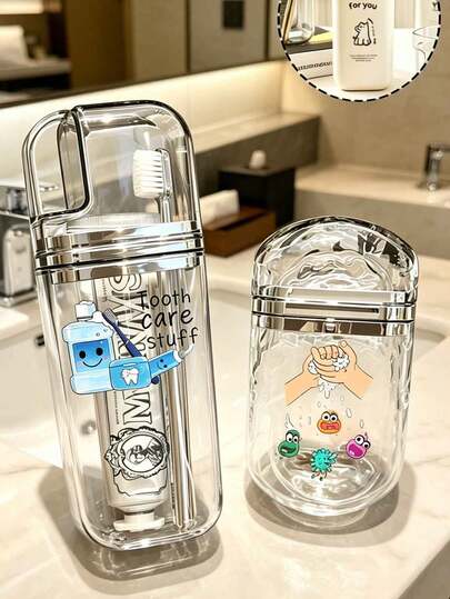 Portable Travel Soap Box And Toothbrush Holder Set, Crystal Clear Hand Wash Icon, Travel/Home Dental Storage Organizer, Breathable Hygienic Bathroom Accessory, Travel Essential, Home Decor, Home Supplies, Travel Rinse Cup Set, Toothpaste And Toothbrush Storage Box, Cup, Washing Cup, Durable Plastic, Oval, Camping, Gym And Bathroom Essential Accessory, Ramadan Gift, Valentine's Day Gift