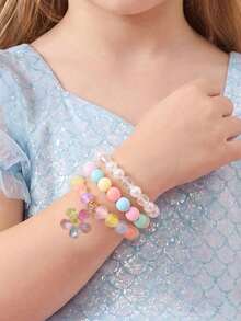 3pcs/Set Girls Colorful Beads Beaded Flower Pendant Bracelet Set Combination Suitable For Daily Decoration - Multicolor - View 2