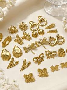 2/24pcs Stainless Steel Gold Stud Earrings Set, Fashion Floral Pearl Star Shape Women's Earrings, Women's Accessories For Daily Wear, Party, Halloween Gift - Gold Earring Set - View 5