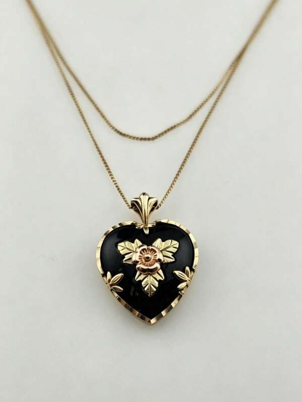 Eterna Glow 1pc Vintage Black Enamel Heart Pendant Necklace Two Tone Rose Flower Gold Color Dainty Clavicle Chain Gothic Retro Jewelry Gift Necklace For Women