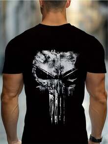Men'S Black Skull Print T-Shirt - Lightweight And Durable Polyester, Featuring A Unique White Skull Design With Geometric Patterns. Perfect For Casual - Black - View 2