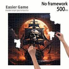 500pcs Adult Mini Jigsaw Puzzle Box - This Precision-Cut Adult Challenge Level Puzzle Features A Moonlit Skull Pirate Ship Theme, Scratch-Resistant And High Difficulty. Suitable For Adult Leisure And Family Interaction, Can Be Used As DIY Home Decor Or Art Collection After Completion, Also Fits Halloween And Christmas Atmosphere, A Great Gift For Brain Exercise And Creativity. - Multicolor - View 2