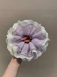 Lavender Purple Double-Layer Pearl Lace Scrunchie Hair Tie For Women, Bun And Low Ponytail Hair Accessory - Multicolor - View 1