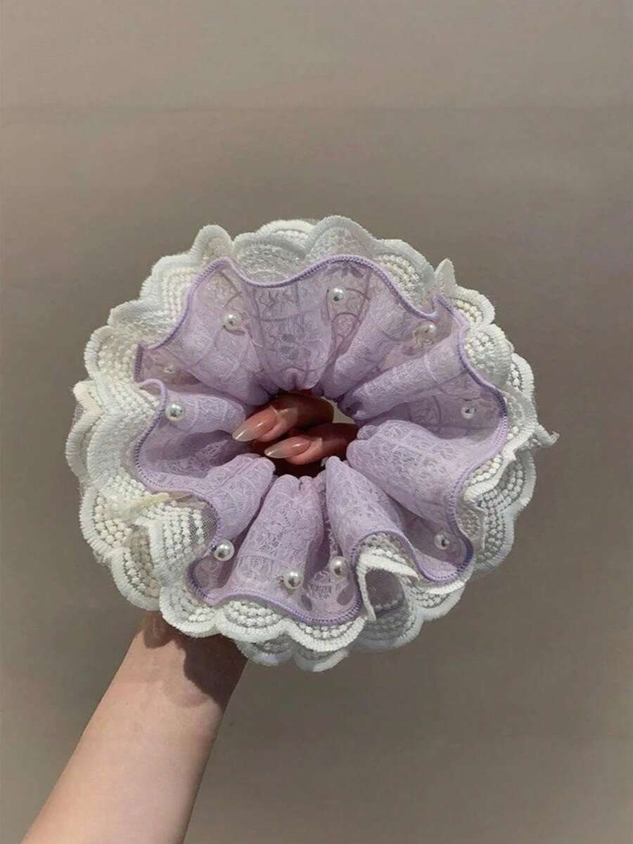 Lavender Purple Double-Layer Pearl Lace Scrunchie Hair Tie For Women, Bun And Low Ponytail Hair Accessory - Multicolor - View 1