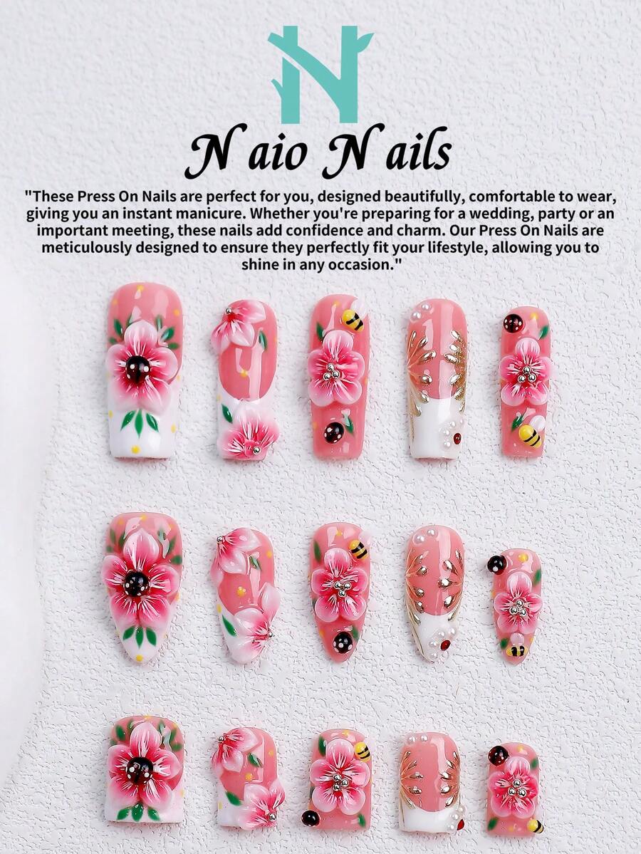 NAIO 10片/組手工穿戴式假指甲,3種尺寸:棺材形/杏仁形/短方型,Y2K海灘風,粉色花卉美甲搭配3D櫻花與蜜蜂設計,金色與仿珍珠裝飾,適合女性與女孩,日常使用與派對,送給女士美甲的絕佳禮物 - 彩色 - 查看 1