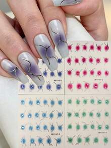 Tiebeauty 4片紮染銀線美甲貼紙，漸層底色 + 3D銀色鉤線，適合極簡藝術、性感腮紅、Y2K小眾辣妹、透明裸色指甲、抽象線條美甲藝術 - 彩色 - 查看 2