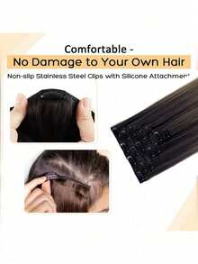 7 piezas 16 clips extensiones de cabello de fibra resistente al calor con degradado natural largo y liso en color negro para mujeres - Multicolor - Ver 7