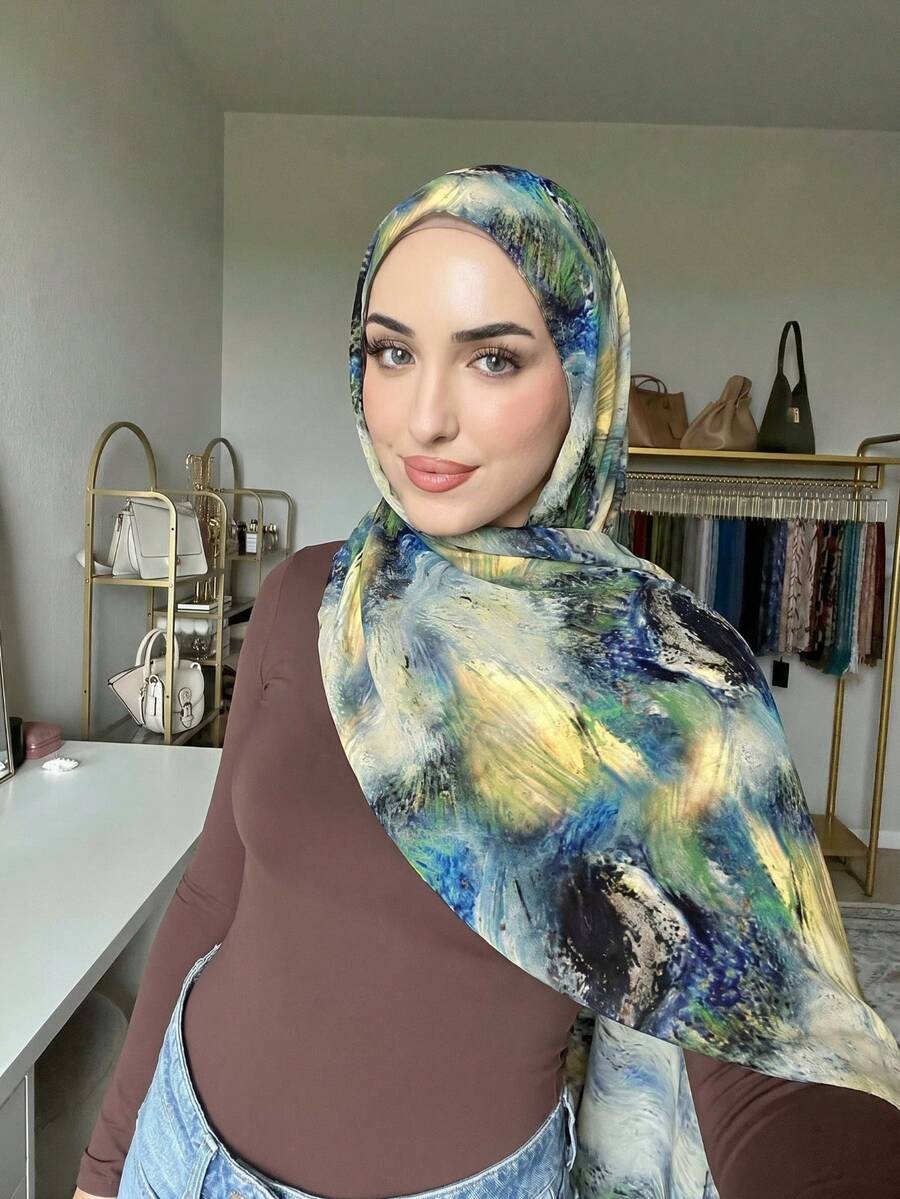 1 قطعة وشاح نسائي بطراز بوهيمي عصري بطبعة رسم حبري، حجاب كاجوال للشارع في الربيع/الصيف مع حماية من الشمس، مناسب للارتداء اليومي، مناسب لشاطئ الصيف