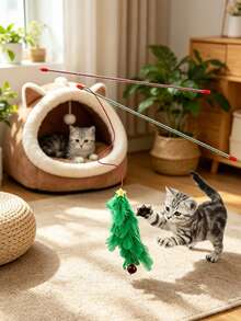 Cat Toy Red & Green Christmas Tree Teaser Wand With Bell, Interactive Pet Toy With Colorful Feathers, Indoor Cat Exercise Toy, No Battery Required, Suitable For All Seasons, Pet Supplies, Cat Entertainment Product, Universal For All Stages - View 3