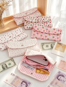 1Pc Cute Quilted Floral Print Long Wallet, Pink Strawberry Star Pattern Multi-Purpose Card Hohttpslder & Phone Pouch For Girls, Travel Organizer Pouch - Multicolor - View 3