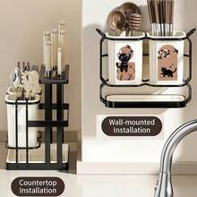 1pc Carbon Steel Kitchen Utensil And Knife Holder, With 2 Utensil Buckets, 2-In-1 Countertop And Wall-Mounted Storage Rack, Detachable Drip Tray, Cute Cat Pattern Design, Durable, Perfect For Storing Knives, Chopsticks, Spoons, Forks, Cooking Tools (Note: Stickers Are In The Product Box And Need To Be Applied By Yourself) - View 3