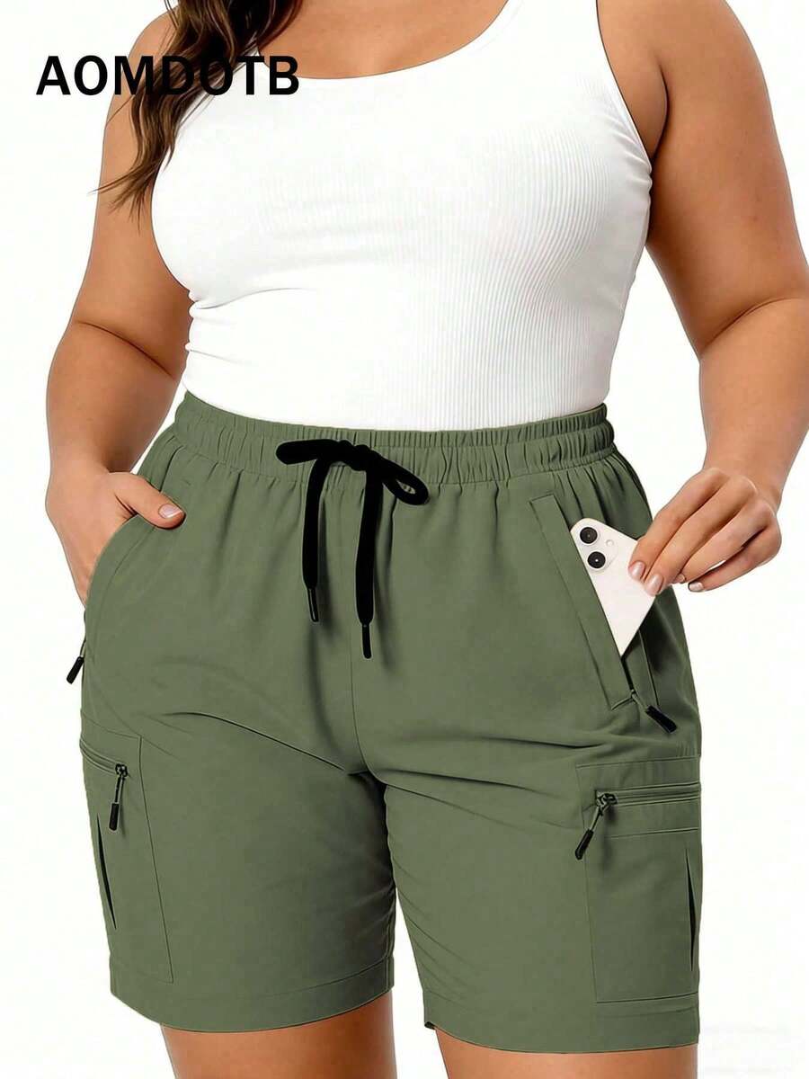 Plus Size Women's Sports Cargo Pants With Multiple Zipper Design, Versatile Solid Color All-Match Pants. Outdoor Sports Shorts. Women's Bottoms Summer - Army Green - View 1
