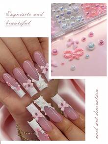 12 cuadrículas/Caja Encantos de Uñas 3D Dulces Mezcla de Perlas&Resina Lazo Tamaños Mixtos Blanco/Rosa Aurora Media Perla Lazo Arte de Uñas DIY Kawaii Perla Lazo Partes de Manicura - Multicolor - Ver 4