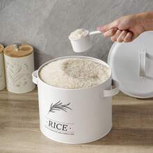 Vintage White Metal Rice Bucket With Lid And Measuring Spoon, Large Airtight Grain Storage Container, Moisture-Proof, Suitable For Kitchen Countertop, 5/10KG Capacity, Ideal For Storing Rice, Flour, Oats And Dry Goods - White - View 13