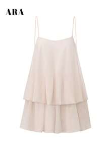 ARA CHIC Women's Summer Double Layer Ruffle Chiffon Romper, Adjustable Spaghetti Strap Flowy Short Jumpsuit, French Vacation Outfit - White - View 8