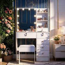 Makeup Vanity Table And Stool Set With LED Sliding Mirror, Drawers, Shelves - Makeup Dressing Table With Mirror And Stool, Makeup DeskVanity Dressing Table Drawers And Stool Set Desk With LED Lights Mirror - White - View 7