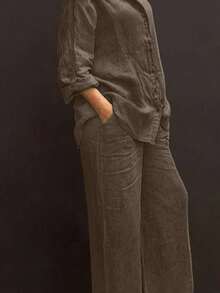 Slim-Fit Polo Collar Casual Cardigan, Versatile Solid-Color Stylish Shirt For The Beach, Everyday Wear, Work, Soft And Comfortable Fabric; Loose-Fitting Elastic-Waist Pants - 全麥咖啡 2 - 查看 1