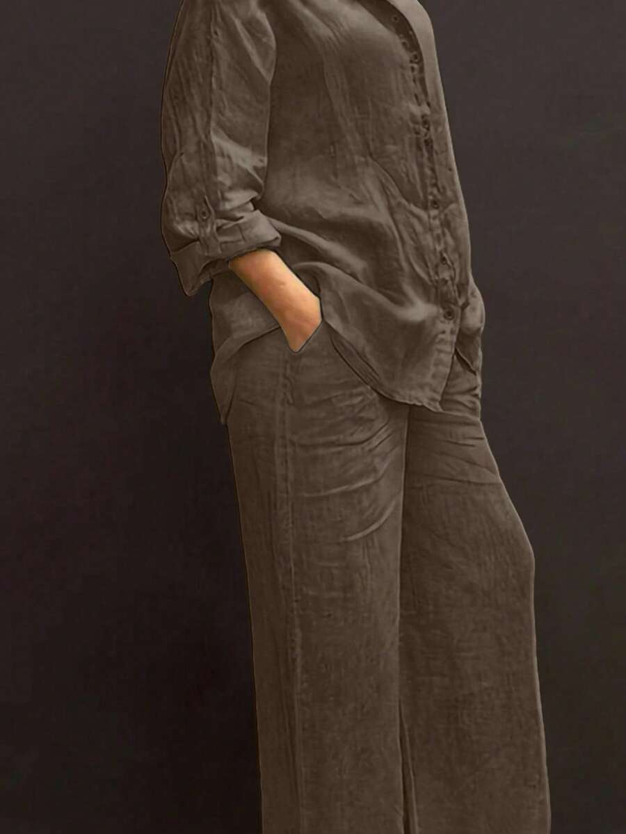 Slim-Fit Polo Collar Casual Cardigan, Versatile Solid-Color Stylish Shirt For The Beach, Everyday Wear, Work, Soft And Comfortable Fabric; Loose-Fitting Elastic-Waist Pants - 全麥咖啡 2 - 查看 1
