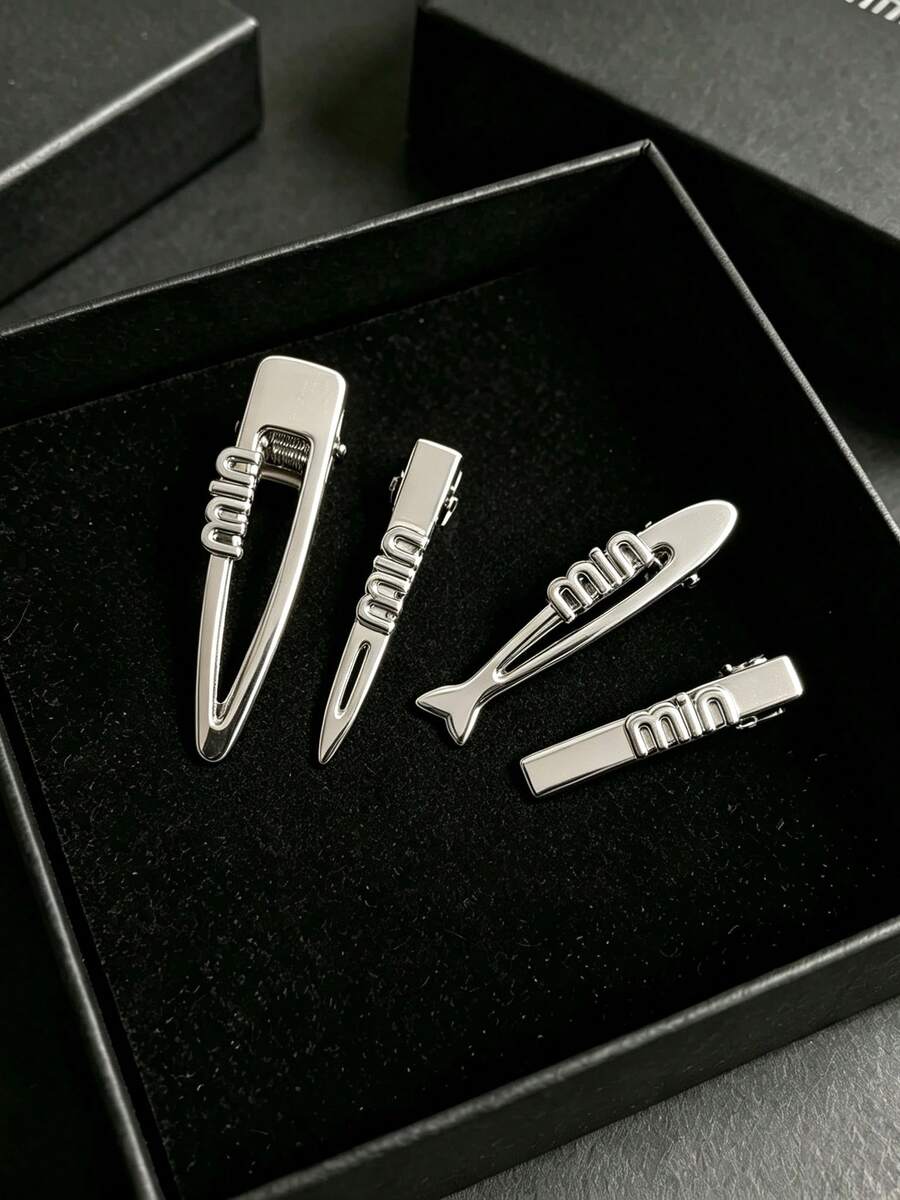 4pcs/Set Silver Letter Mini Alloy Hair Clips, Combination Set, Cool Style Niche Design Premium Side Bang Clips, Versatile Alligator Hair Clips,Claw Clips - Silver - View 1