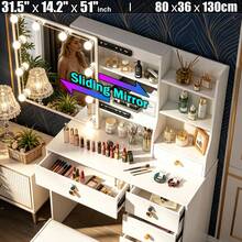 Makeup Vanity Table And Stool Set With LED Sliding Mirror, Drawers, Shelves - Makeup Dressing Table With Mirror And Stool, Makeup DeskVanity Dressing Table Drawers And Stool Set Desk With LED Lights Mirror - White - View 1