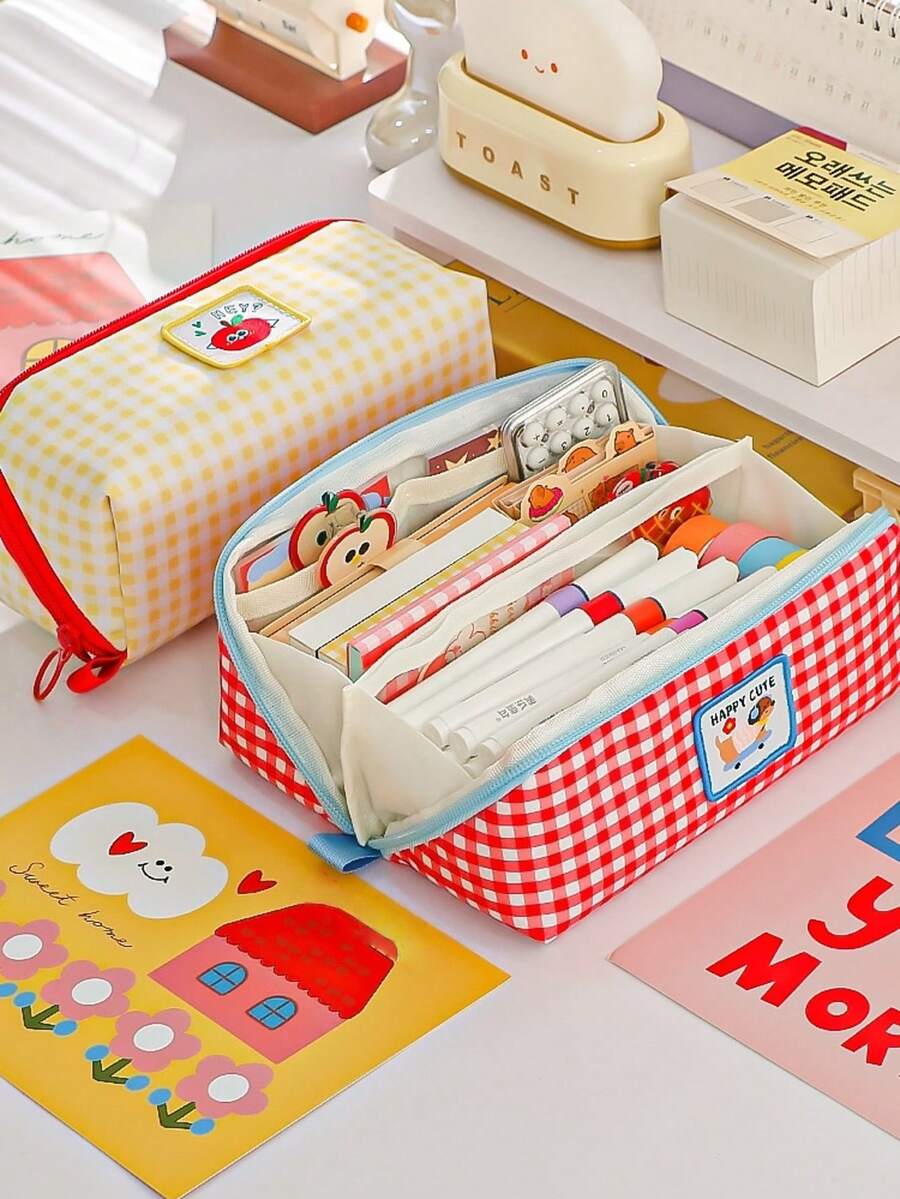 1 pieza Nuevo estuche de lápices con estampado de cuadros de perro salchicha, caja de almacenamiento de artículos de papelería de gran capacidad, bolsa de lápices portátil, bolsa organizadora de artículos de tocador para viajes, soporte para lápices, funda para marcadores, caja de bolígrafos, bolsa de maquillaje, bolsa de almacenamiento de escritorio, esencial para volver a la escuela