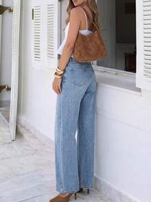 Fashion Women's Office Straight Leg Jeans, Washed Process, Cat Whisker Detail Design, With Pockets, Suitable For Daily Casual Wear - Light Wash - View 3