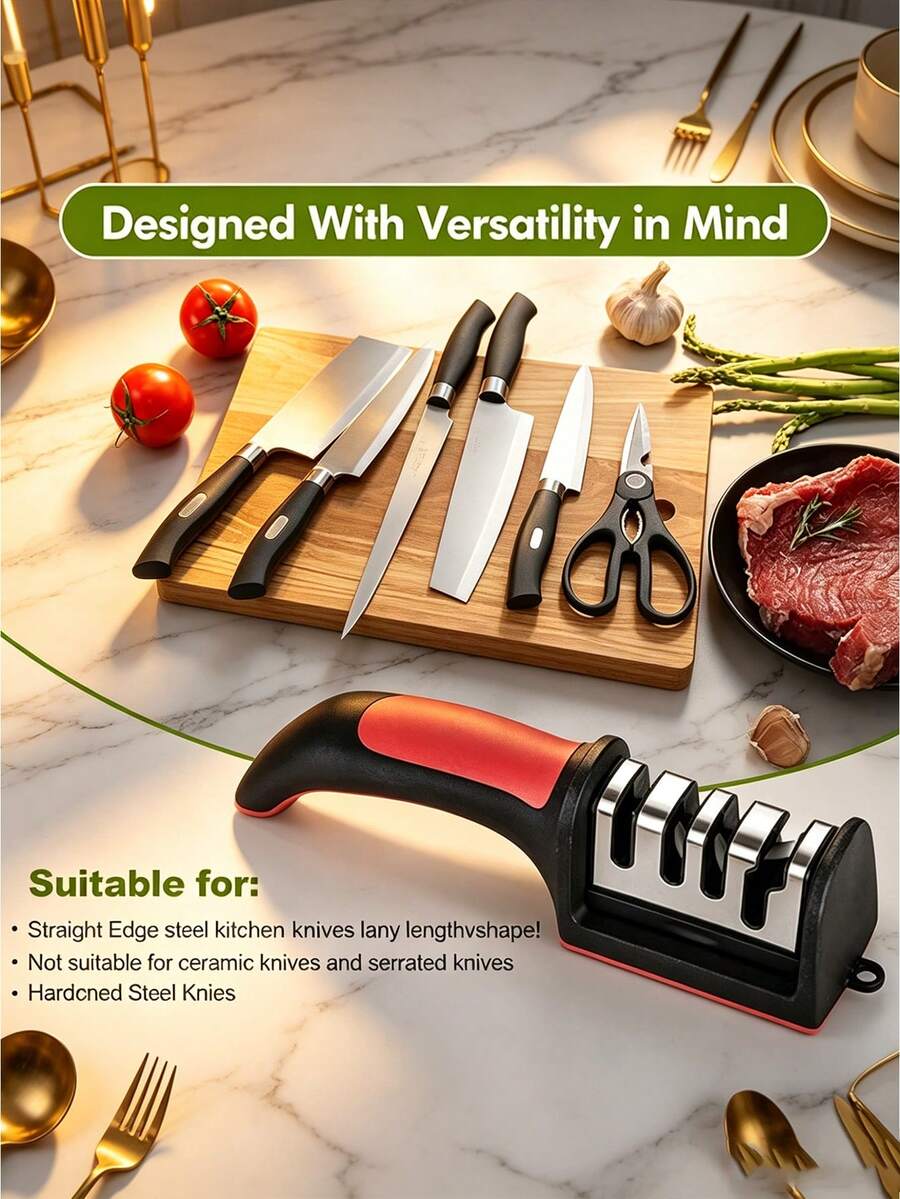 1pc Quick Kitchen Knife Sharpener, 4/3-Stage Grinding System, Manual Sharpener For Chef Knives, Scissors And Straight Edge Knives, Ergonomic Easy-To-Use Knife Sharpening Set, Fast And Efficient Grinding Maintenance - Black - View 1