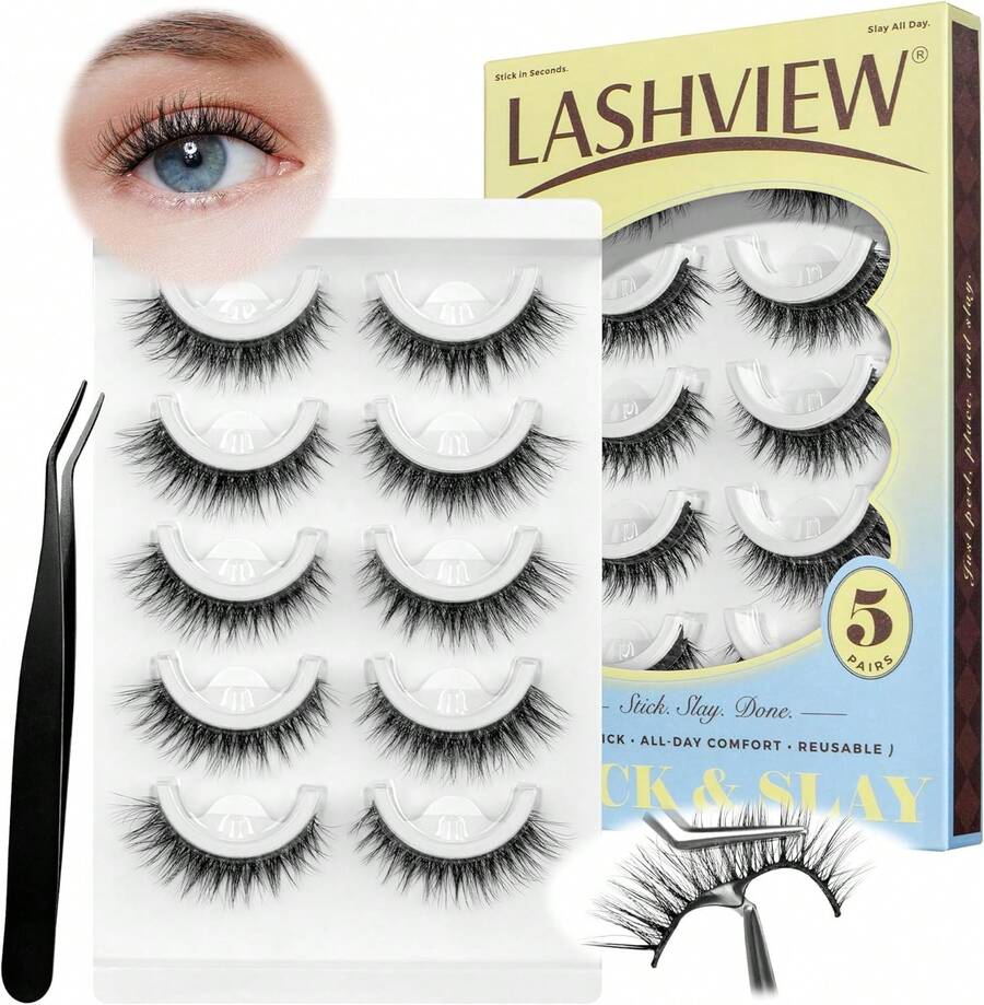 LASHVIEW Pestañas autoadhesivas, 5 pares de pestañas postizas de aspecto natural, sin pegamento, reutilizables, estilo ojo de gato, con tiras adhesivas de repuesto (C122) - 1 - Ver 1
