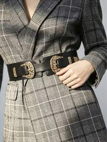 Cinturón ancho vintage occidental para mujer, cinturón de corsé de cuero sintético elástico con hebillas doradas ornamentadas, perfecto para vestidos, jeans & atuendos de vaquero - Cintura recta con doble hebilla ahuecada - Ver 1