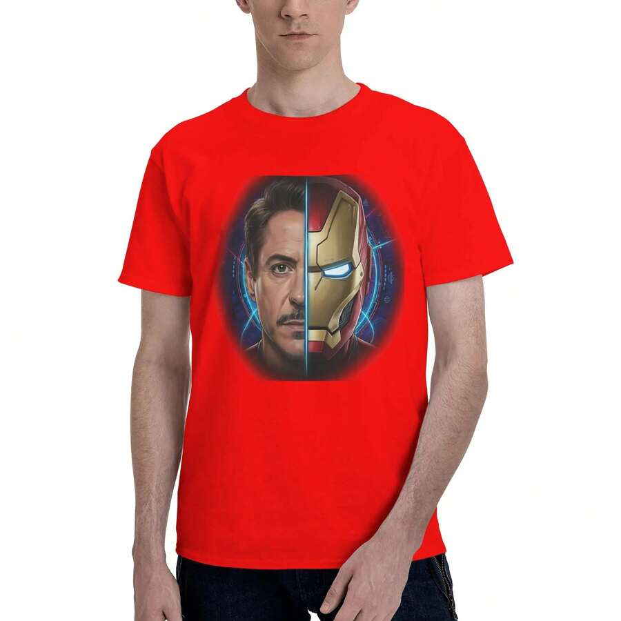 Disney Tony Stark Men's T Shirts Funny Tee Shirt Short Sleeve O Neck 100% Cotton Printing Clothes T-Shirt - 紅色 - 查看 1