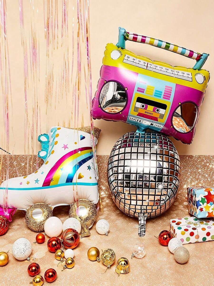 3er Set bunte Rollschuhe im Disco-Stil, Partydekoration aus Aluminiumfolie, Ballons - Übersicht 1