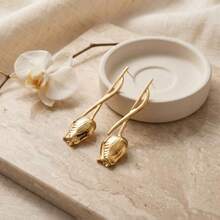 Twisted Bar Gold Tulip Bud Long Drop Earrings French Vintage Floral Dangle Earrings Elegant Face Slimming Metal Ear Jewelry For Women Daily Party - Gold - View 8